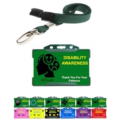 Image of Bipolar Green Hidden Disability Card Displaying Your Descreetly with Holder &amp; Lanyard Quantum Leap