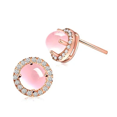Image of MixiuEuro Women Opal Stud Earrings Rose Gold Plated 925 Sterling Silver Cubic Zirconia Elegant Simple Classic Round Furong Stone Jewellery Chritmas Gift For Girls