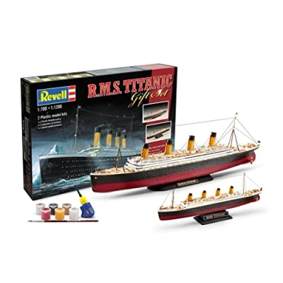 Image of Revell Gift Set 05727 R.M.S. Titanic 1:700 &amp; 1:1200 Scale Unbuilt Plastic Model Kits with Contacta Professional Glue, Paintbrush Selected Aqua Color Paints