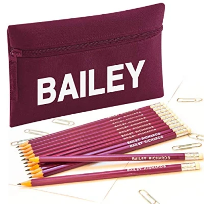 Image of Zip Pencil Case with Name and 12 Embossed HB Eraser Tipped Pencils (Maroon)
