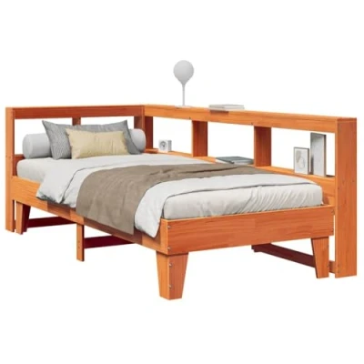 Image of vidaXL Pine Wood Bookcase Bed Frame with Storage Wax Brown, Slatted Base, Space Saving, 90x200 cm