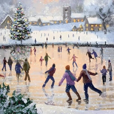Image of Charity Christmas Cards Pack of 8 BHF, Marie Curie, Mind, NSPCC, Shelter Ice Skating Festive Artistic Design Eco Friendly Made in the UK