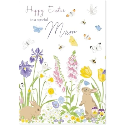 Image of doodlecards Mum Easter Card Spring Flowers with Bunnies Medium Size Plain Envelope