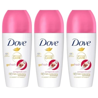 Image of Dove Deodorant Roll On Advance Care Go Fresh Pomegranate Scent 72H Odour Protection Anti Transpirant and Perspirant for Women with Triple Moisturising Technology 50ml, 3 Pack