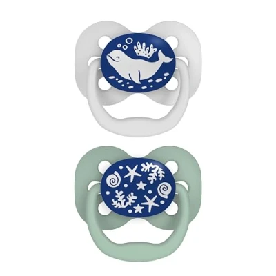Image of Dr. Brown&#039;s Advantage Glow in The Dark Baby Pacifier, Fully Symmetrical Soother with Soft Silicone Bulb, 0 6m, BPA Free, Blue Ocean, 2 Pack (Style May Vary)