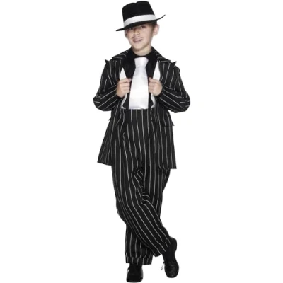 Image of Smiffys Zoot Suit Costume, Black with Jacket, Trousers &amp; Braces, Boys Fancy Dress, 1920s Dress Up Costumes