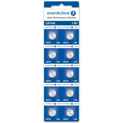 Image of EverActive AG13 1.5V 10x Batteries Alkaline Mini G13 LR1154 LR44 4 Year Shelf Life Pack of 10 1 Blister Card