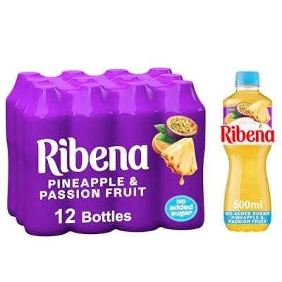 Image of Ribena Pineapple and Passion Fruit Juice Drink No Added Sugar 500ml 12 pack .Real Fruit. Rich in Vitamin C Artificial Colours or Flavours Tropical Refreshment Ready To 100% Recycled