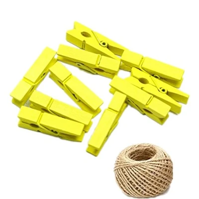 Image of 100 Colored Wooden Mini Pegs Clothespins Craft Photo Clips with 20 meters Jute Twine for Rustic Decoration (Yellow)