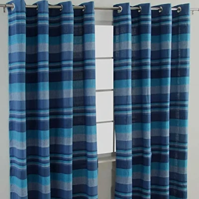 Image of HOMESCAPES Blue Eyelet Curtain Pair 167cm (66&quot;) Wide x 228cm (90&quot;) Drop Morocco Stripe Design Ring Top PairTop