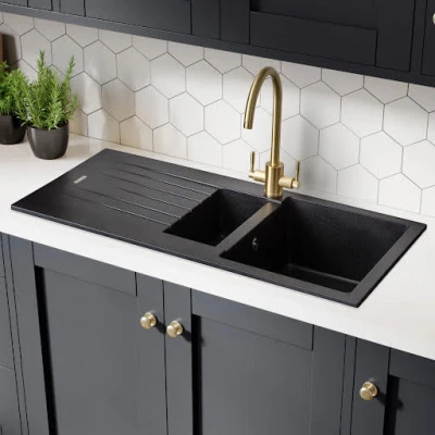 Image of Rangemaster Andesite Igneous Granite Inset 1.5 Bowl Kitchen Sink with Waste Ash Black