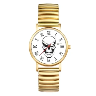 Image of JewelryWe Halloween Elastic Band Watch: Men Women Gold Ultra Thin Expansion Roman Numeral Analog Quartz Student Skull Watch