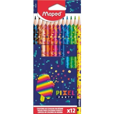 Image of Maped Pixel Party Coloured Pencils Resin Children&#039;s Durable Lead Ergonomic Triangular Shape Box of 12 Colouring