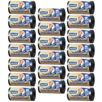 Image of Bacofoil Ultra Resistant Bin Liners with Drawstring Handles 50L Leak Proof and Tear Bag Protection Technology (20 Rolls, 200 Bags)…