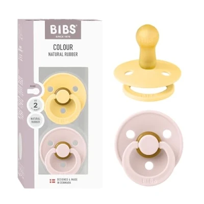 Image of BIBS Colour Pacifier 2 Pack, BPA Free Dummy Binky, Round Nipple. Natural Rubber Latex, Made in Denmark, Size (6 18 Months), Pale Butter/Petal