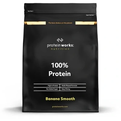 Image of Protein Works 100% Powder, 25 Servings, Quad Blend, Low Calorie, Fat Shake, Phased Release, Banana Smooth, 625g