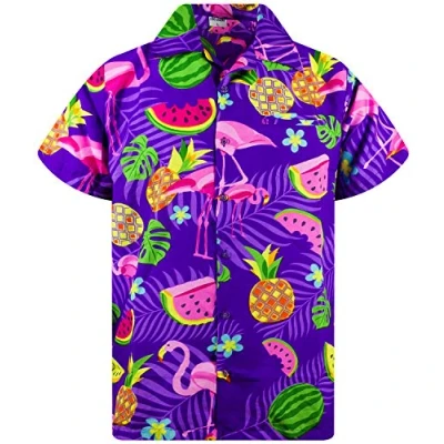 Image of King Kameha Hawaiian Shirt Men Fruit Designs Regular Short Sleeve, Flamingo Melon, Purple, XS