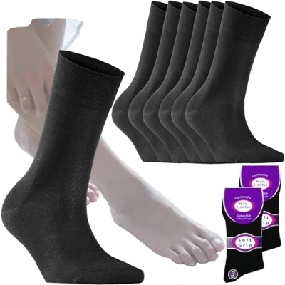 Image of Kensington ® Thermal Socks Women 6 pairs Black Cotton Smart Design Soft Fitting Wide Top Winter Multipack 4 UK Plain Stripes Cute Eco Friendly Sock for Work
