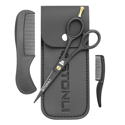 Image of STONLI® 5&quot; Beard and Moustache Scissors with Comb &amp; Pouch Small Hairdressing Nose, Ear Eyebrows Hair (Black)
