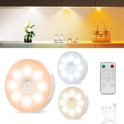 Image of 3 Pack Motion Sensor Lights Indoor,1000mAh USB Charging Puck Lights,Under Cabinet Kitchen Lights,Remote Control,Magnetic Battery Operated Stick on Sensory light for Stair Cupboard Wardrobe Closet