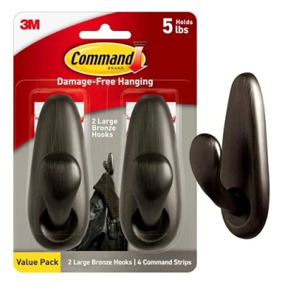 Image of Command 5 lb Large Oil Rubbed Bronze Metal Hooks, 2 Hooks and 4 Strips, Damage Free Coat with Adhesive Forever Classic for Christmas Decorations