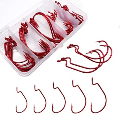 Image of INMOFN Offset Worm Hooks for Bass Fishing 50pcs High Carbon Steel Wide Gap Bait Jig Salt or Freshwater Gold/Red Trout with Box 5 Size #1/0 5/0 (Red)