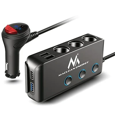 Image of Maclean MCE218 3 Way Car Splitter Cigarette Lighter Adapter 4 USB Ports LED Voltmeter Max 120 W Charger Power Delivery 18