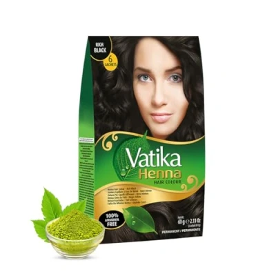 Image of Vatika Henna Rich Black Hair Colour 60g (6 x 10g Sachets), Natural &amp; Nourishing Dye, 100% Ammonia Free, For Vibrant Color, Shine, Coverage