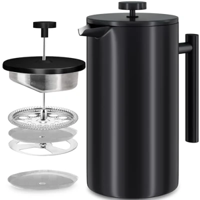 Image of KICHLY Stainless Steel French Press Double Wall Coffee Plunger &amp; Tea Maker (Black, 1.0 Litre (Pack of 1))