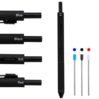Image of HeTaoCat 4 in 1 Multicolor Pen, Metal Cased Multifunction 0.5mm Mechanical Pencil, Red Ball Blue Pen and Black (Black)