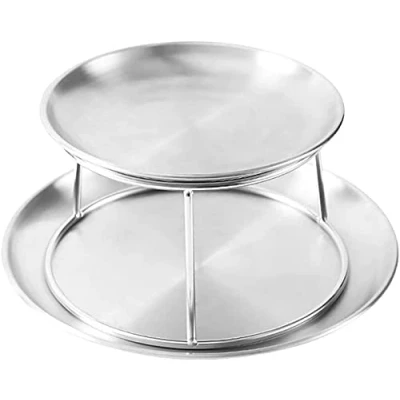 Image of Round Serving Seafood Platter Tray,Gourmet Platter,Stainless Steel Afternoon Tea Cake Tray, Two Tier Metal Tray for Cupcake and Display Snack
