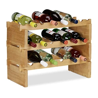 Image of Relaxdays Stackable Wine Rack, Bamboo Holder for 18 Bottles, Extendable, 3 Tier, Natural