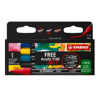 Image of Acrylic Marker STABILO FREE ARTY T100 Round Tip 1 2mm Pack of 5 ROYAL Assorted Colours