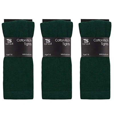 Image of Girls Childrens 3 Pairs Plain Tights Back To School Everyday Cotton Rich Leggings Green 2