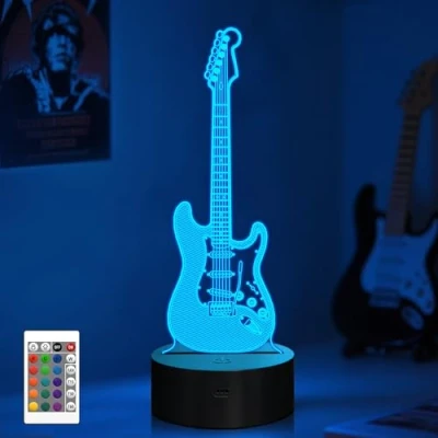 Image of CooPark Guitar 3D Night Light, Optical Illusion LED Bedside Lamp with Remote Control 16 Colors Changing, Home Party Decor Creative Birthday Gift for Friend Music Lover