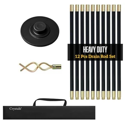Image of Crystals Drain Rods Set, Drainage for Outside Flexible, 12 Pcs / 9.2M Unblocker with Heavy Duty Rubber Plunger &amp; Double Worm Screw, Cleaning Carry Bag