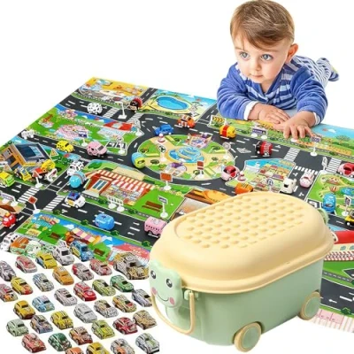 Image of Kids Play Rugs with 40 Pull Back Vehicle Set, City Town Car Roads Rug, Pretend Play,Car Mats,Car Rug,Car Mat,City Playmat,Car Mat for Children,130 * 100cm (A)