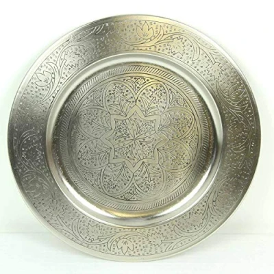 Image of Casa Moro Moroccan Hoyam Serving Tray Diameter 40 cm Round Metal in Silver Oriental Tea Craft from Marrakesh for Creative Decoration Ideas TBB407S