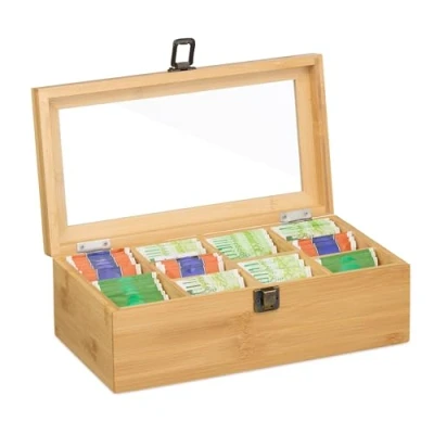 Image of Tea Box, 10 Compartments, Bamboo Storage, Viewing Window, Removable Dividers, hwd: x 29.5 17 cm, Natural Relaxdays