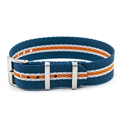 Image of Vario Twill Weaved Nylon Blue, White, Orange Stripe Premium Replacement Watch Band (22mm)
