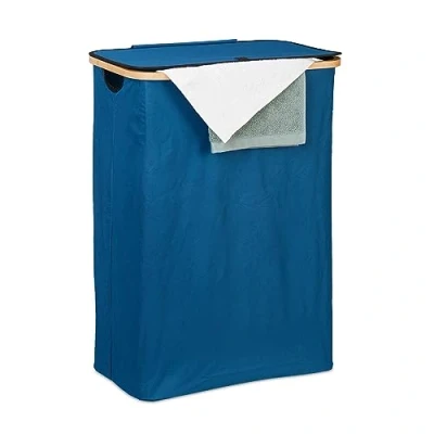 Image of Relaxdays Laundry Basket with Lid, 105 L, Washing Hamper, Bamboo &amp; Polyester, Folding, Portable, Storage, Petrol/Natural, 75 x 54 34 cm