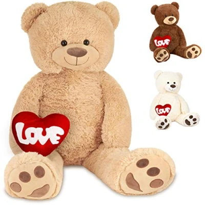 Image of BRUBAKER XXL Teddy Bear 40 Inches (100 Cm) Beige With a Love Heart Soft Toy Cuddly
