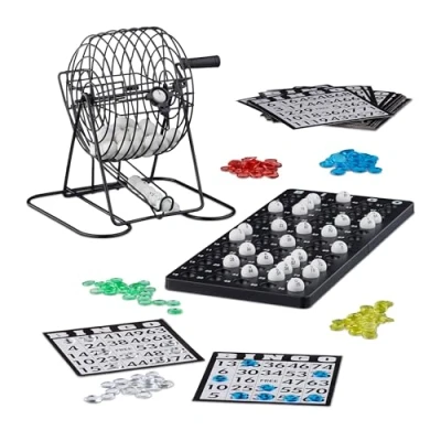 Image of Relaxdays Bingo Game with Metal Cage, HxWxD: 20 x 17.5 21.5 cm, Tickets, Loose Balls, Chips, Boards, Black