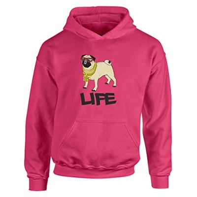 Image of Life of A Pug, Kids Printed Hoodie Hot Pink/Black/Transfer 9 11 Years