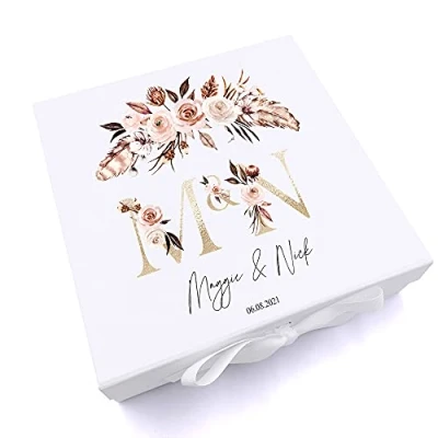 Image of ukgiftstoreonline Personalised Boho Style Golden Text Wedding Keepsake Memory Box Gift (Large)