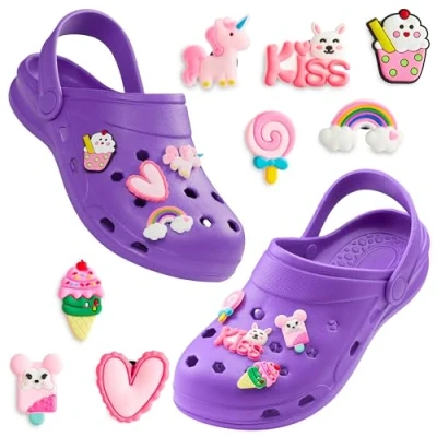 Image of CityComfort Girls Clogs with Removable Charms, Beach Pool Shoes Gifts (Bright Purple, 8.5/9 UK)