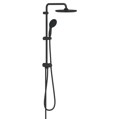 Image of GROHE Vitalio Start 250 Flex Exposed Shower System with Diverter (Round 25cm Head 2 Sprays, Round 11cm Hand Hoses: 1.25m &amp; 1.5m, Water Saving), Matt Black, 266802431