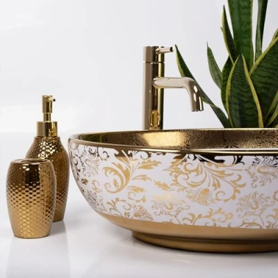 Image of REA U9650 Bathroom Sink Made of Ceramic Margot white/gold U9650, White