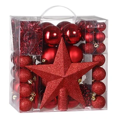 Image of CASARIA® 77Pcs Christmas Tree Bauble Set Baubles Hearts Stars Cones Star Matte Shiny &amp; Glittery Hanging Balls Decorations Pack Classic Red
