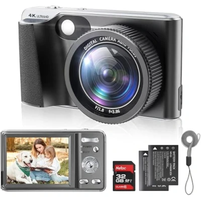 Image of 4K Digital Camera,Autofocus 48MP Vlogging Camera for Photography YouTube Compact with Flash,18X Zoom, Anti Shake, Macro Photography, 32G SD Card and 2 Batteries